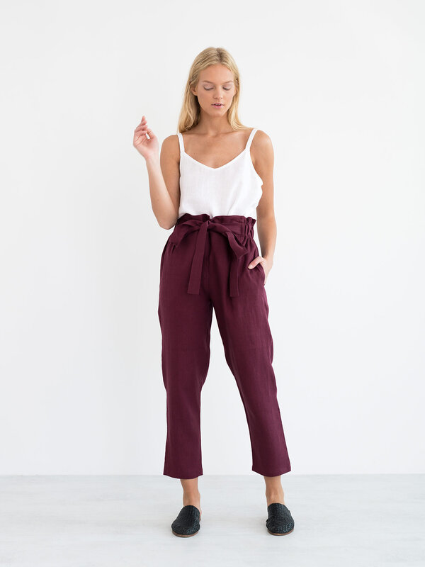 Image 1 of NOAH Paper Bag Linen Pants in Eggplant from ALBERALKIRK
