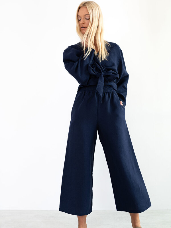 Image 1 of RILEY Wide Leg Linen Pants in Navy Blue from ALBERALKIRK