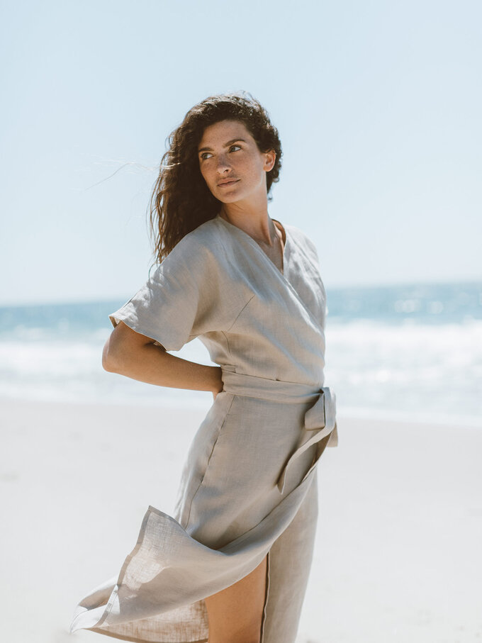 Image 1 of SUMMER Linen Wrap Dress in Beige from ALBERALKIRK