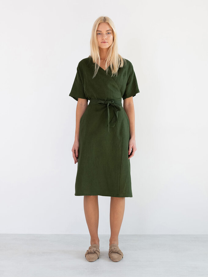Image 2 of SUMMER Linen Wrap Dress in Forest Green from ALBERALKIRK