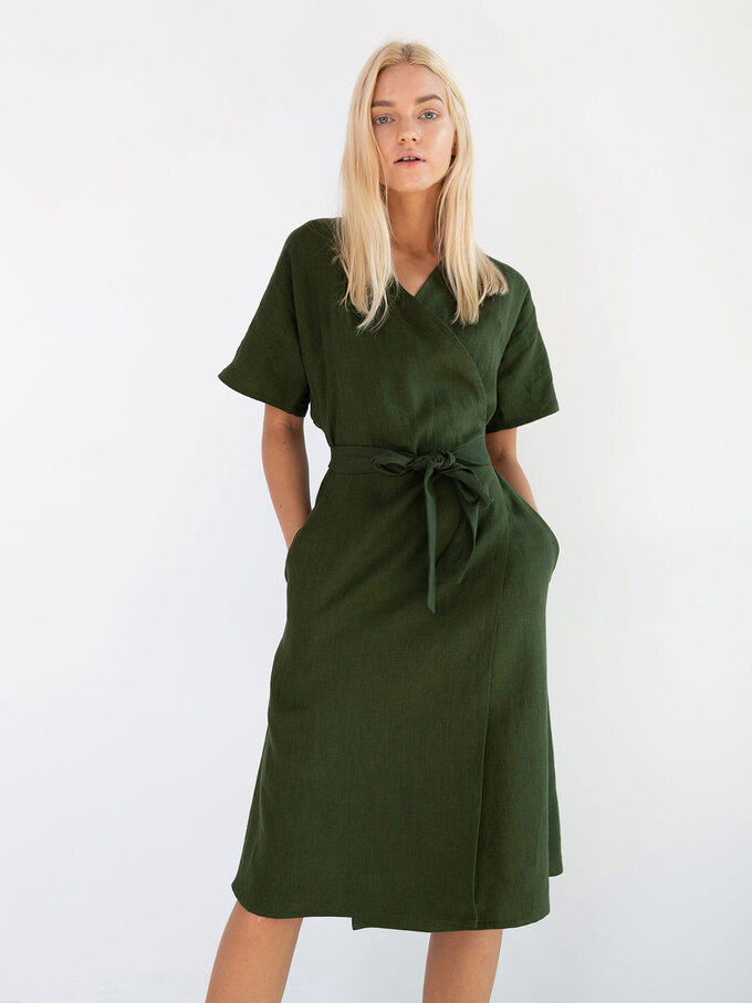 Image 3 of SUMMER Linen Wrap Dress in Forest Green from ALBERALKIRK