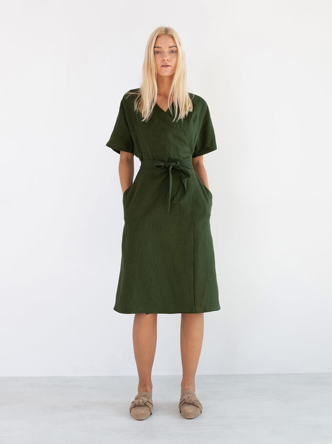 Image 4 of SUMMER Linen Wrap Dress in Forest Green from ALBERALKIRK