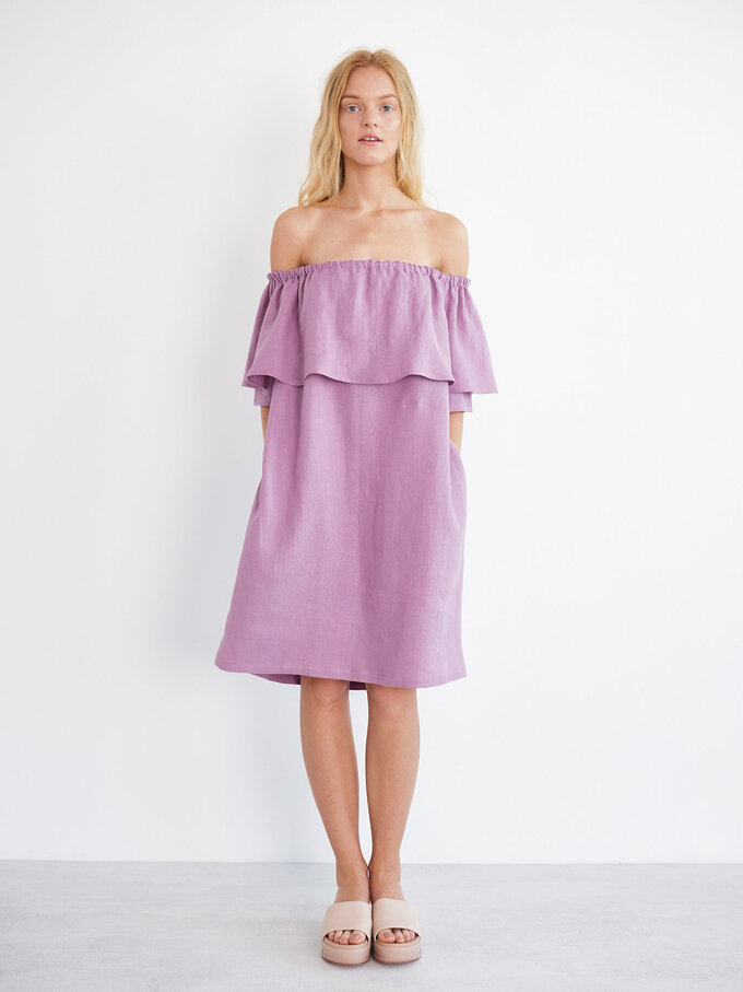 Image 1 of THALIA Off Shoulder Linen Dress in Radiant Orchid from ALBERALKIRK