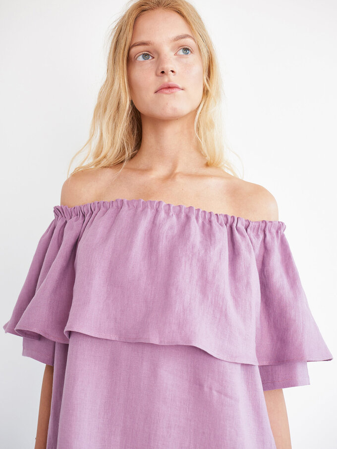 Image 2 of THALIA Off Shoulder Linen Dress in Radiant Orchid from ALBERALKIRK