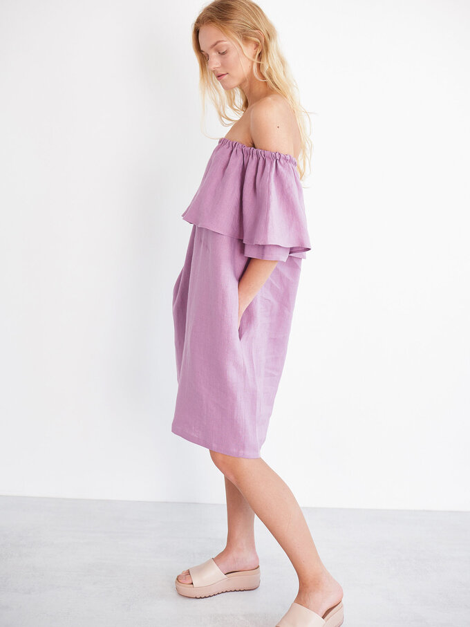 Image 3 of THALIA Off Shoulder Linen Dress in Radiant Orchid from ALBERALKIRK