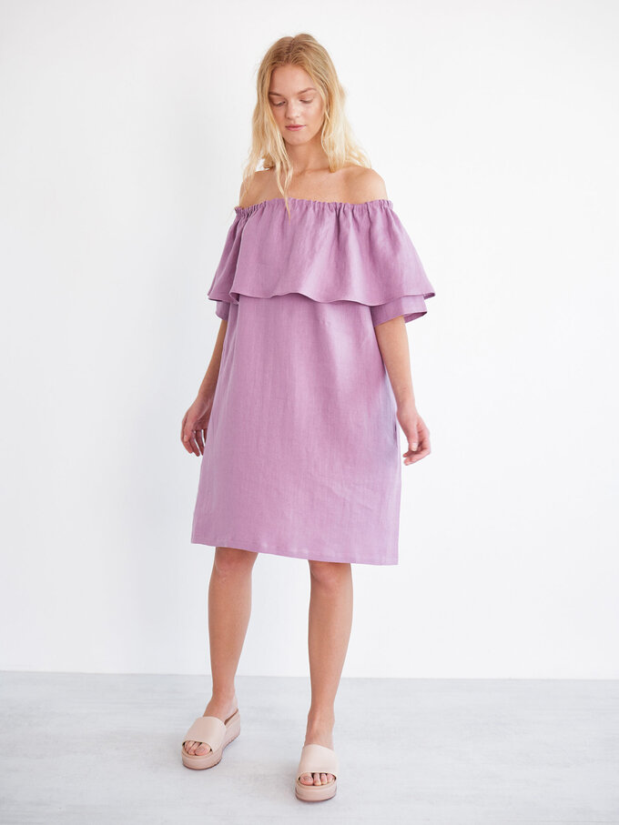 Image 4 of THALIA Off Shoulder Linen Dress in Radiant Orchid from ALBERALKIRK