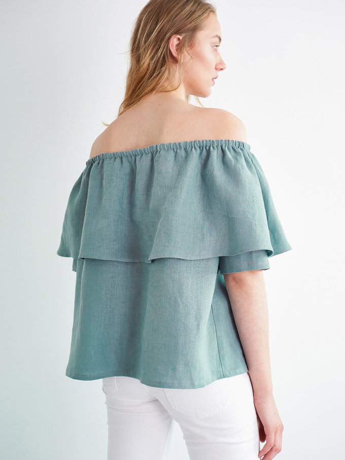 Image 2 of THALIA Off Shoulder Linen Top in Dark Turquoise from ALBERALKIRK