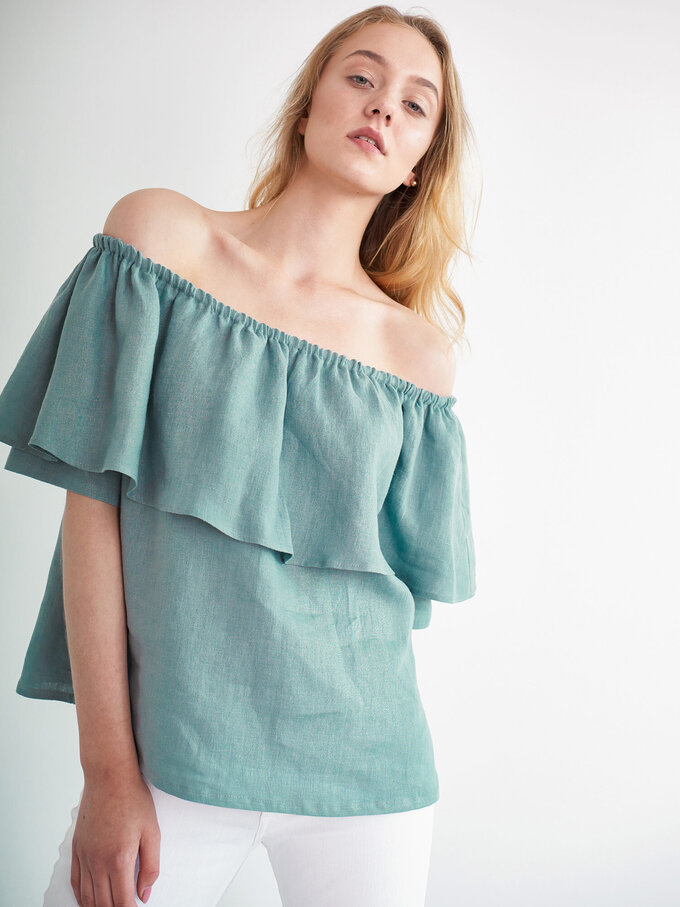 Image 3 of THALIA Off Shoulder Linen Top in Dark Turquoise from ALBERALKIRK