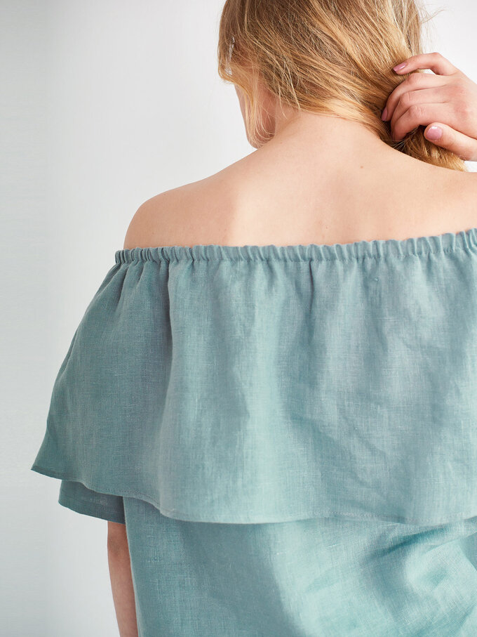 Image 4 of THALIA Off Shoulder Linen Top in Dark Turquoise from ALBERALKIRK
