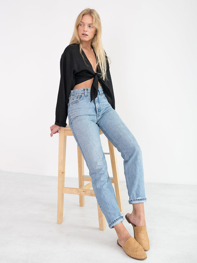 Image 2 of THEA Linen Tie Front Crop Top in Black from ALBERALKIRK