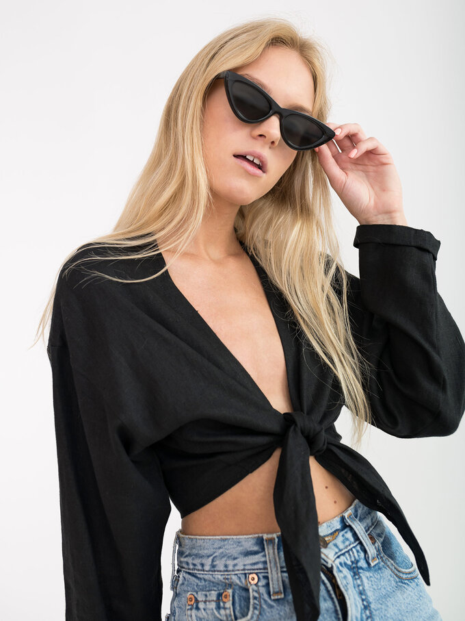 Image 4 of THEA Linen Tie Front Crop Top in Black from ALBERALKIRK