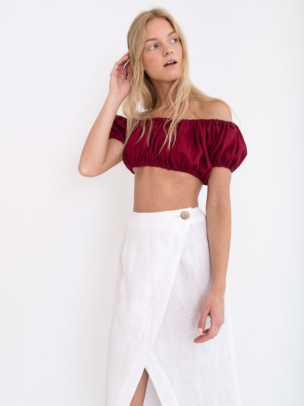 Image 1 of VALENTINA Linen Off Shoulder Crop Top in Cherry Red from Love and Confuse