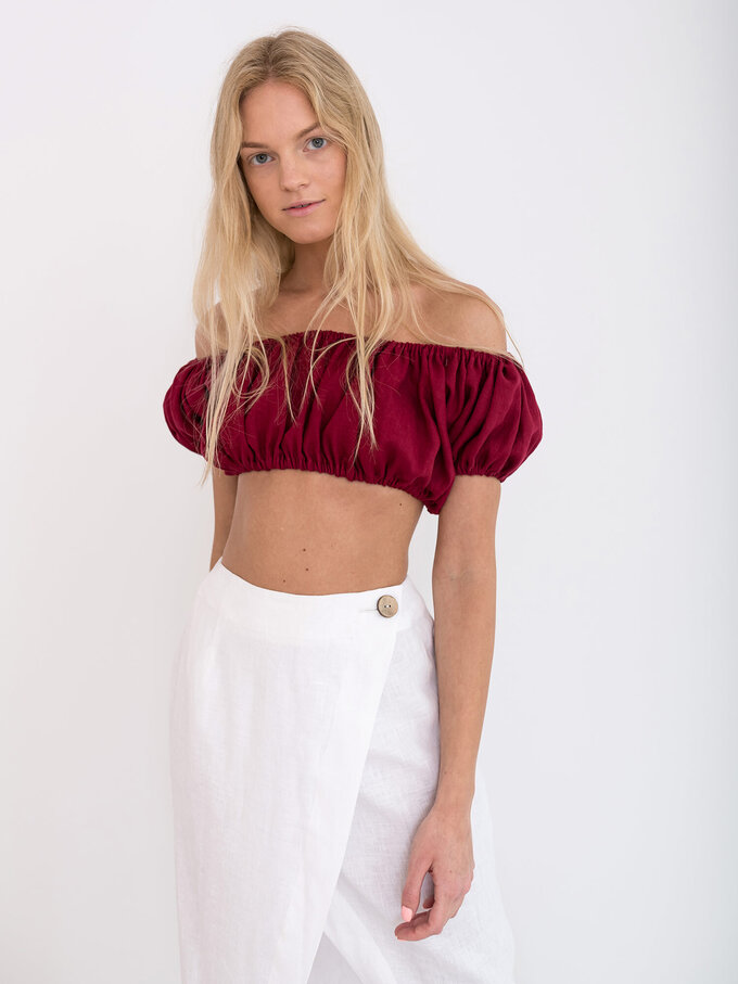 Image 3 of VALENTINA Linen Off Shoulder Crop Top in Cherry Red from ALBERALKIRK