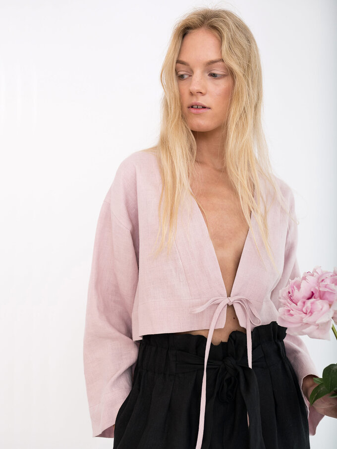 Image 3 of VICTORIA Linen Tie Front Top in Apple Blossom from ALBERALKIRK