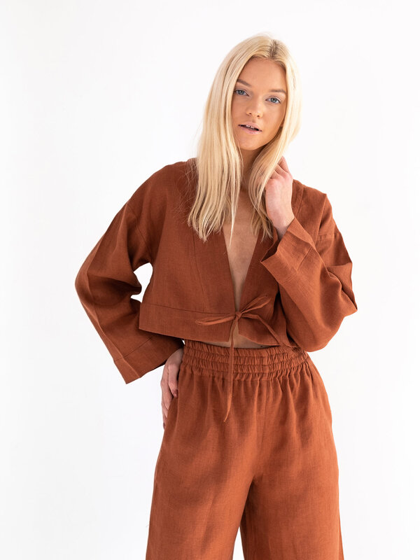 Image 1 of VICTORIA Linen Tie Front Top in Rust from Love and Confuse
