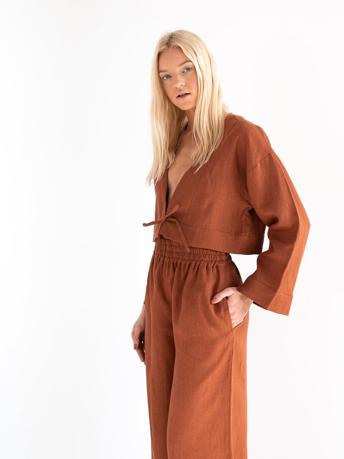 Image 3 of VICTORIA Linen Tie Front Top in Rust from ALBERALKIRK