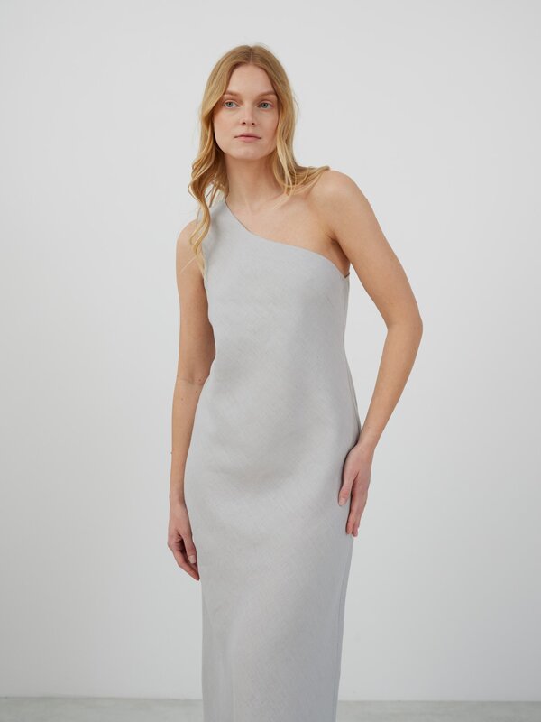 Image 1 of ANGELINA One-Shoulder Linen Maxi Dress in Cloudy Grey from ALBERALKIRK