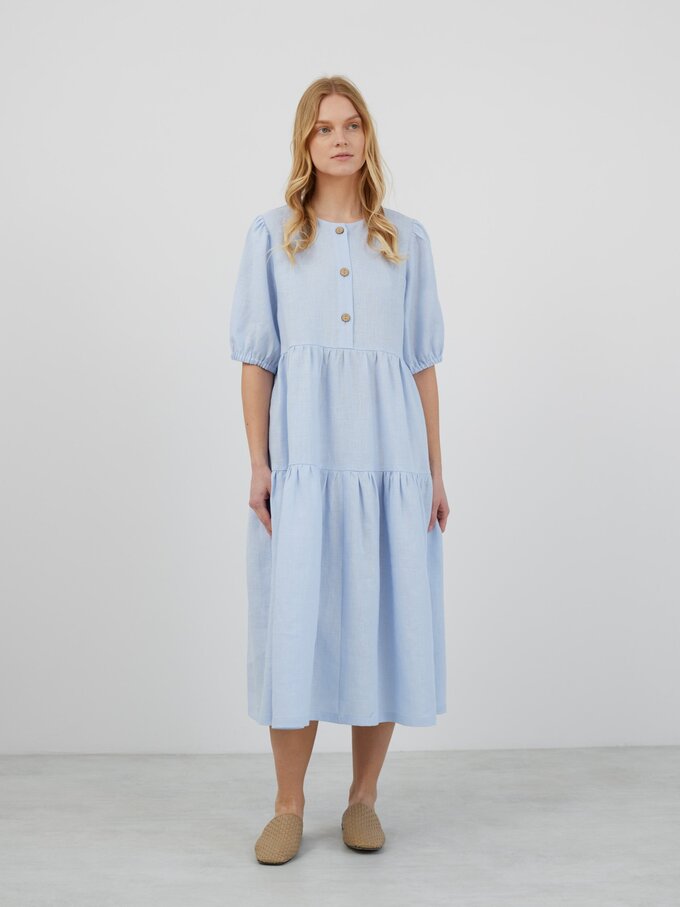 Image 2 of ARI Puff Sleeve Midi Linen Dress in Baby Blue from Love and Confuse
