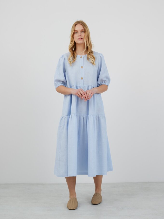 Image 4 of ARI Puff Sleeve Midi Linen Dress in Baby Blue from Love and Confuse