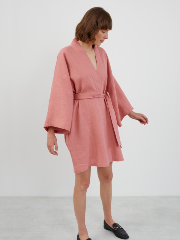Image 1 of ATHENA Linen Wrap Dress in Salmon Pink from ALBERALKIRK