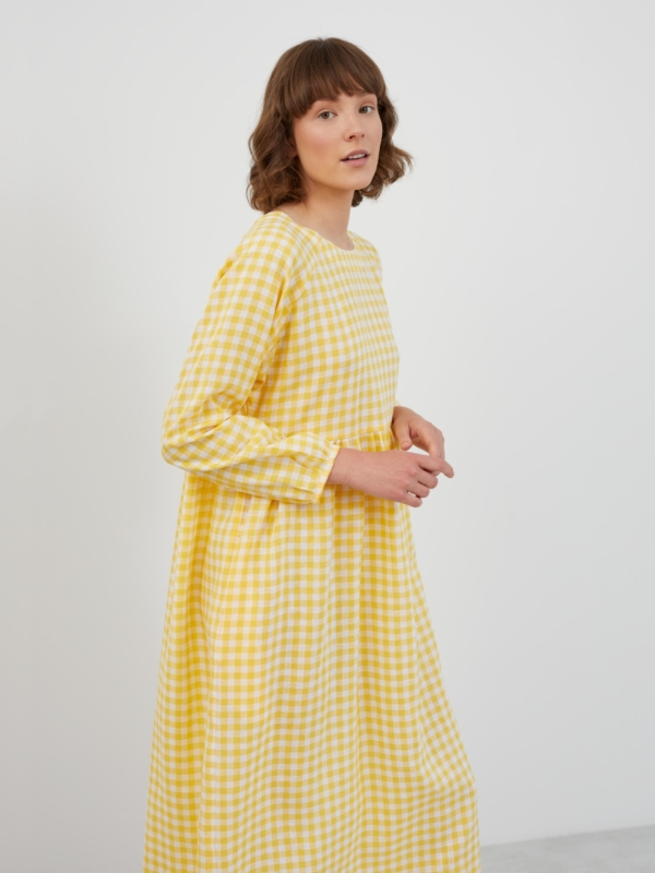Image 1 of BAY Long Sleeve Maxi Linen Dress in Gingham Yellow from ALBERALKIRK