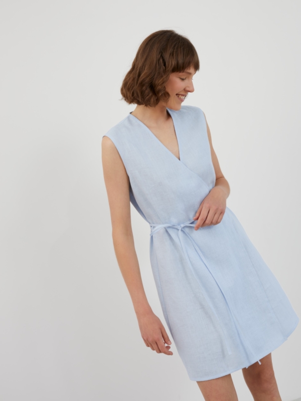 Image 1 of BROOKE Sleeveless Linen Wrap Dress in Baby Blue from ALBERALKIRK