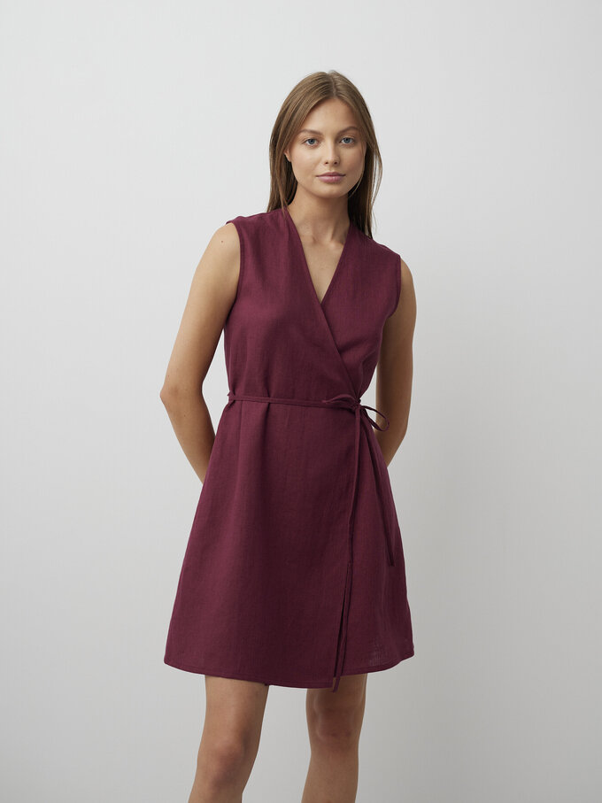 Image 1 of BROOKE Tie Waist Linen Wrap Dress in Eggplant from ALBERALKIRK