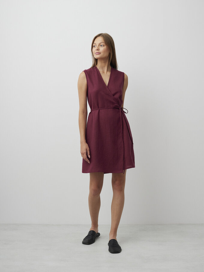 Image 4 of BROOKE Tie Waist Linen Wrap Dress in Eggplant from ALBERALKIRK