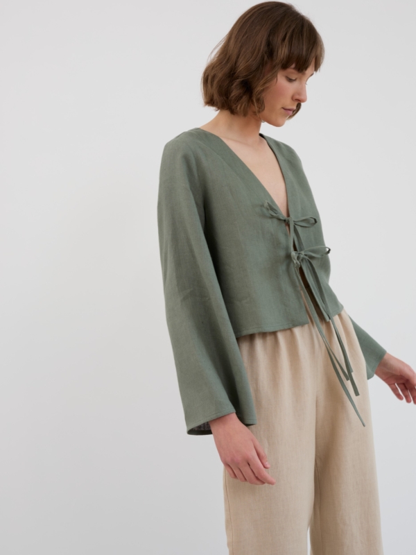 Image 1 of CASSIDY Linen Tie-Front Crop Top in Sage Green from ALBERALKIRK