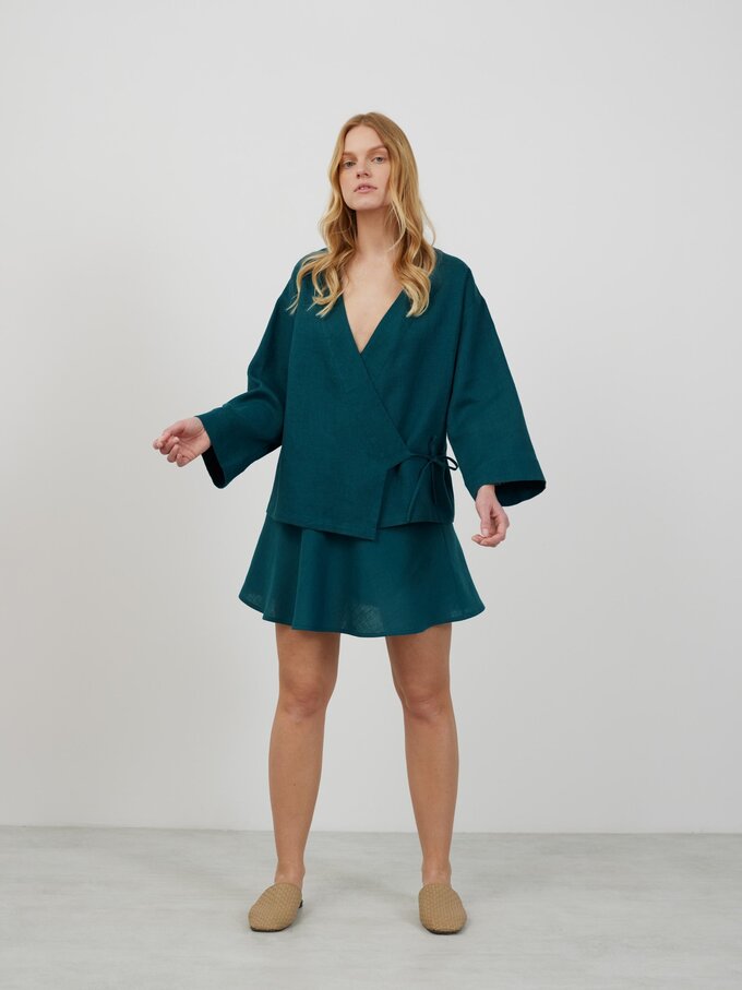 Image 5 of DELILAH Linen Kimono Jacket in Emerald Blue from ALBERALKIRK