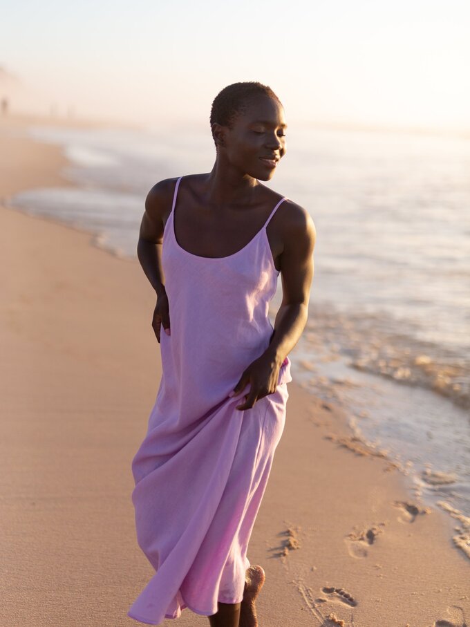 Image 1 of DIORA Bias-Cut Long Linen Slip Dress in Lilac from ALBERALKIRK