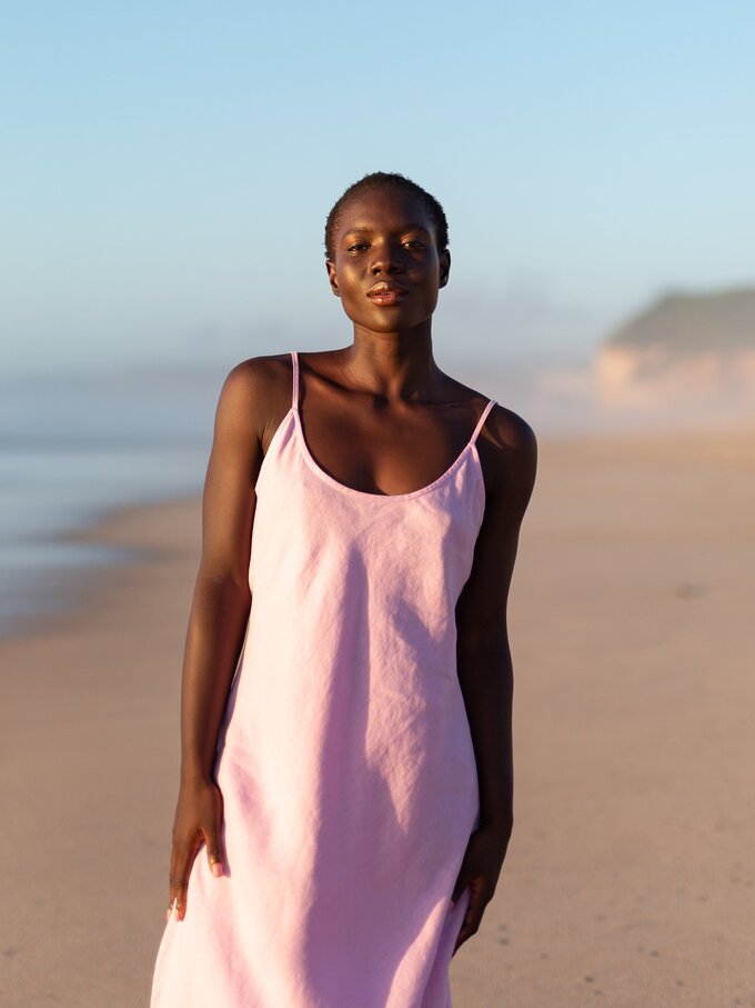 Image 3 of DIORA Bias-Cut Long Linen Slip Dress in Lilac from ALBERALKIRK