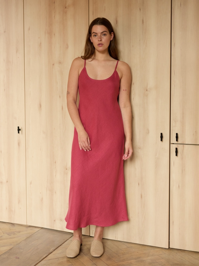 Image 2 of DIORA bias-cut linen slip dress with spaghetti straps and midi length, elegant evening wear from ALBERALKIRK | Raspberry Color