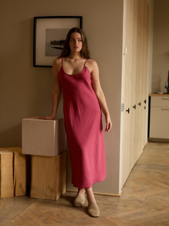 Image 4 of DIORA bias-cut linen slip dress with spaghetti straps and midi length, elegant evening wear from ALBERALKIRK | Raspberry Color
