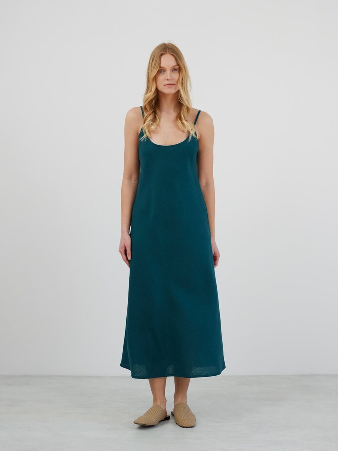 Image 1 of DIORA Linen Slip Dress in Emerald Blue from ALBERALKIRK
