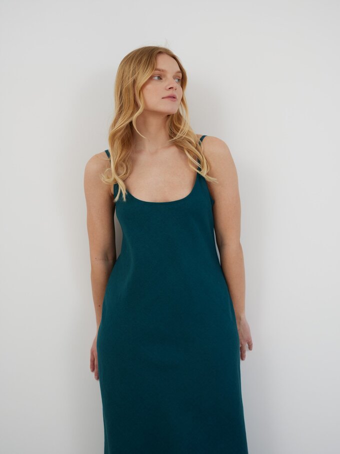 Image 2 of DIORA Linen Slip Dress in Emerald Blue from ALBERALKIRK