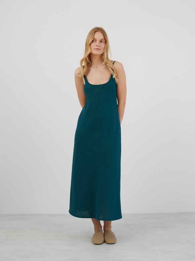 Image 3 of DIORA Linen Slip Dress in Emerald Blue from ALBERALKIRK