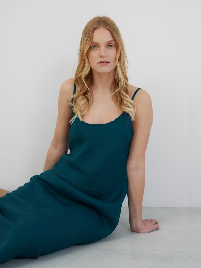 Image 5 of DIORA Linen Slip Dress in Emerald Blue from ALBERALKIRK