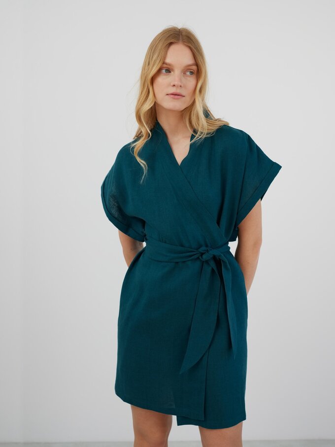 Image 2 of FAITH Mini Linen Wrap Dress in Emerald Blue from ALBERALKIRK