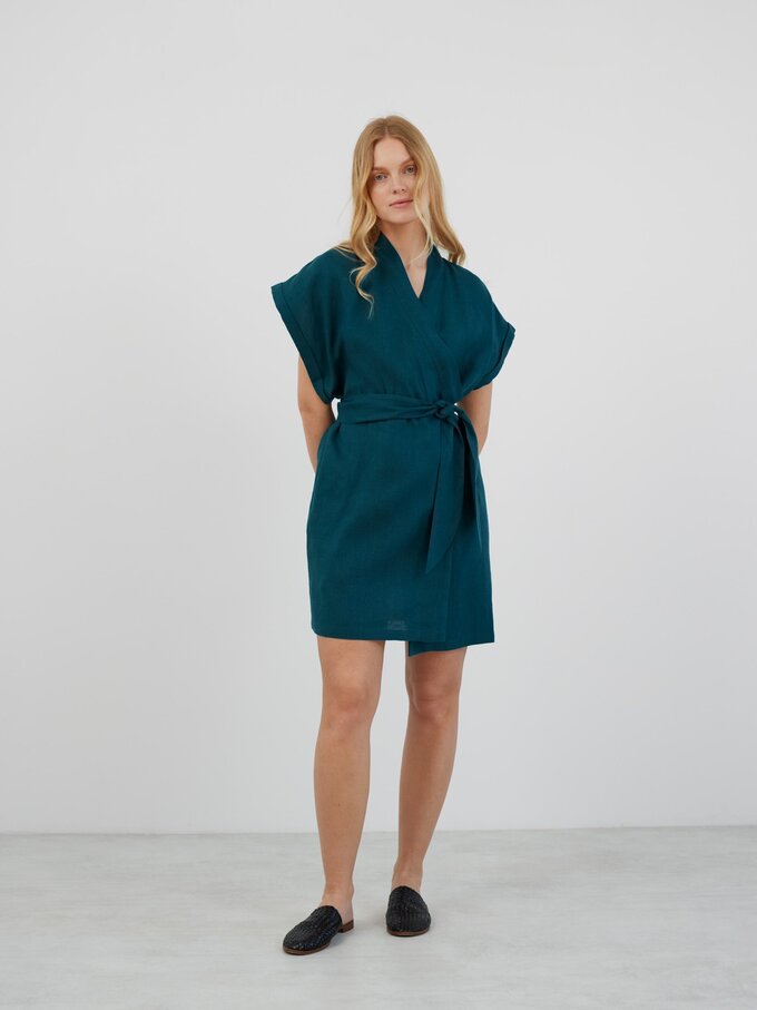 Image 3 of FAITH Mini Linen Wrap Dress in Emerald Blue from ALBERALKIRK