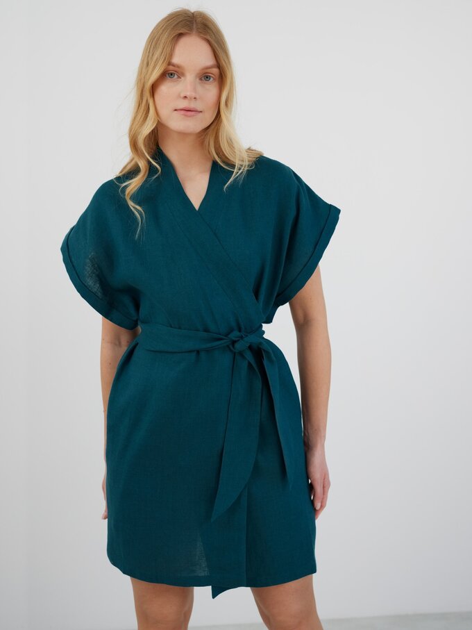 Image 5 of FAITH Mini Linen Wrap Dress in Emerald Blue from ALBERALKIRK