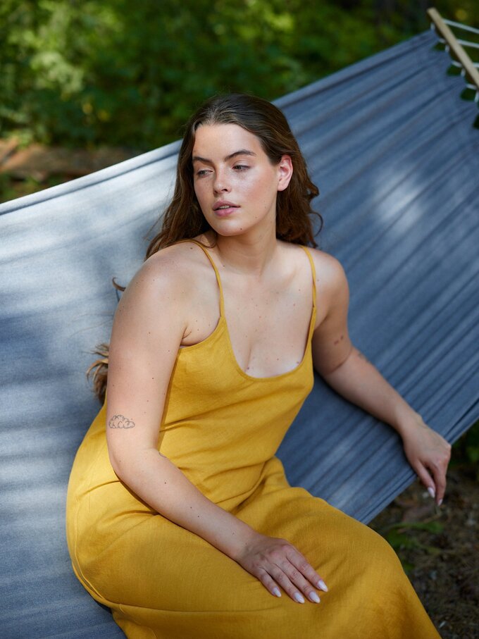 Image 1 of FREJA Linen Slip Dress in Mustard from ALBERALKIRK