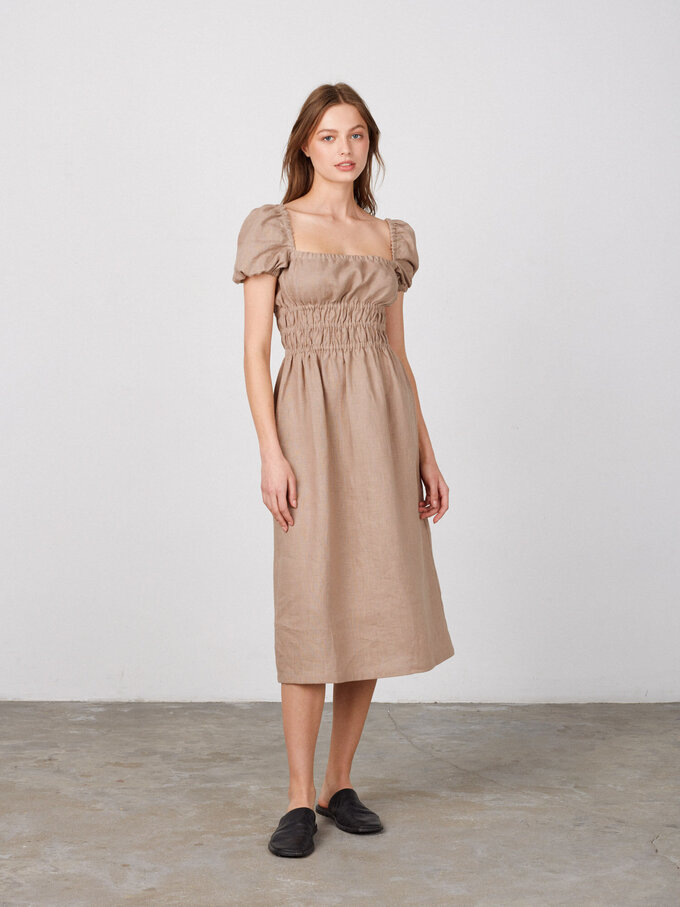 Image 2 of HOLIDAY Puff Sleeve Linen Dress in Sand Brown from ALBERALKIRK