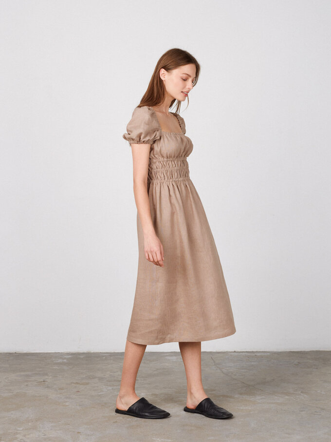 Image 3 of HOLIDAY Puff Sleeve Linen Dress in Sand Brown from ALBERALKIRK