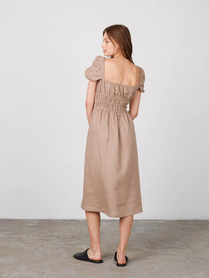 Image 4 of HOLIDAY Puff Sleeve Linen Dress in Sand Brown from ALBERALKIRK