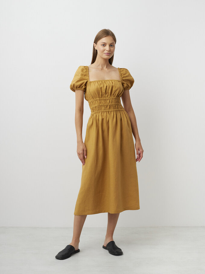 Image 2 of HOLIDAY Square Neck Linen Midi Dress in Yellow Honey from ALBERALKIRK