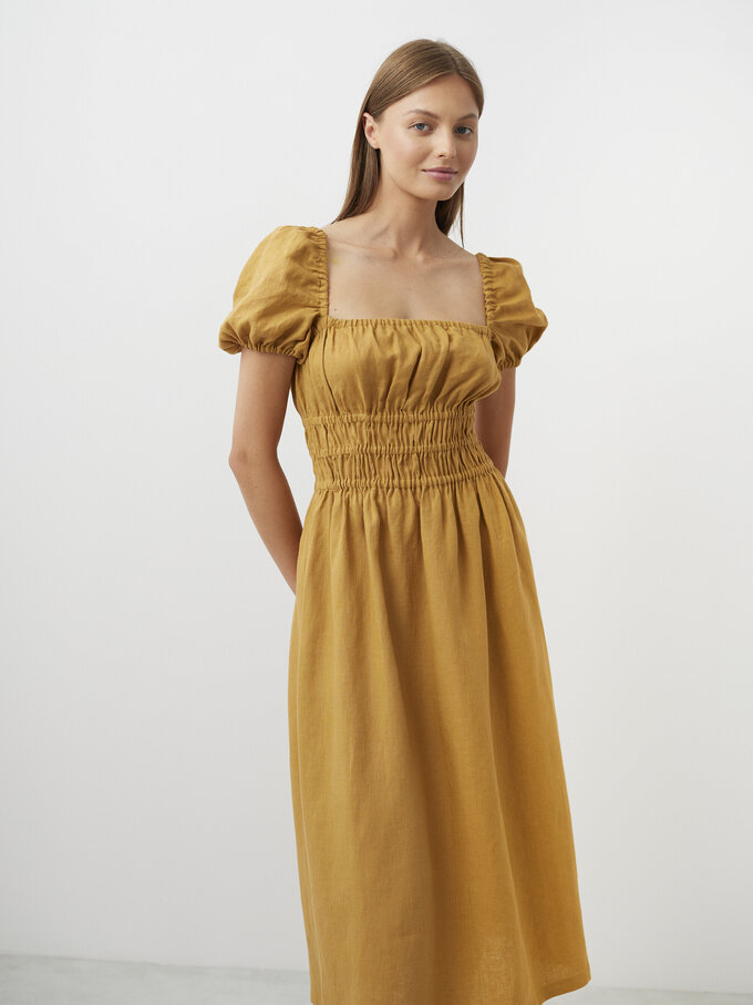 Image 3 of HOLIDAY Square Neck Linen Midi Dress in Yellow Honey from ALBERALKIRK