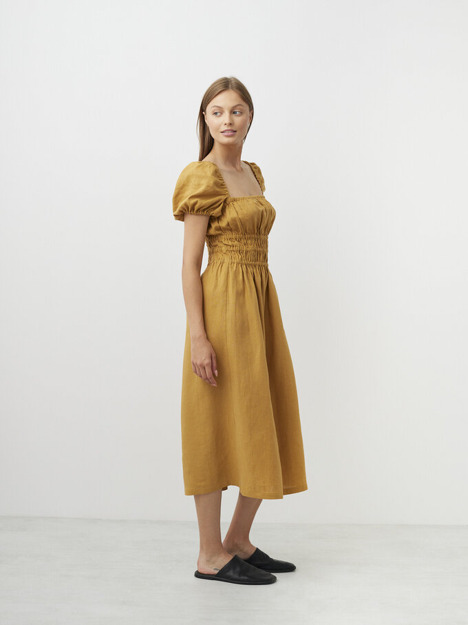 Image 4 of HOLIDAY Square Neck Linen Midi Dress in Yellow Honey from ALBERALKIRK