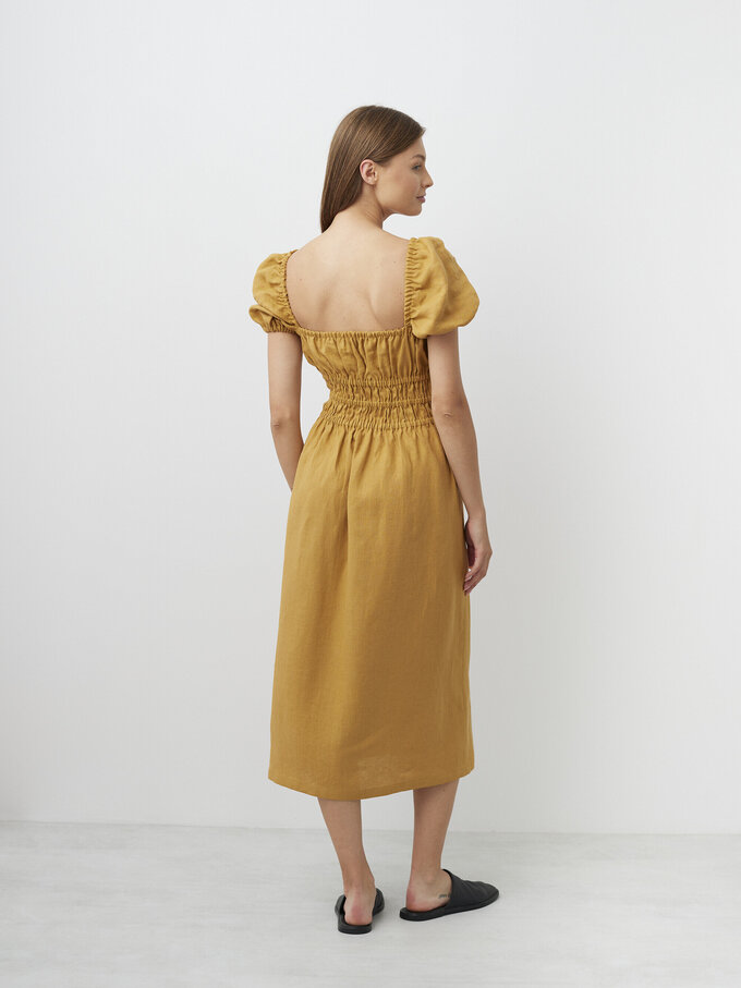 Image 5 of HOLIDAY Square Neck Linen Midi Dress in Yellow Honey from ALBERALKIRK