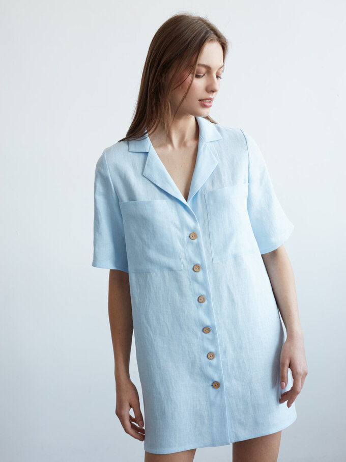 Image 1 of IDA Short Sleeve Linen Shirt Dress in Baby Blue from ALBERALKIRK